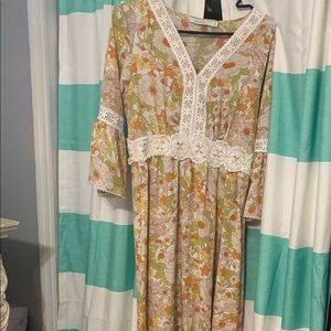 a.n.a Floral Maxi Dress with Lace Trim - Orange, Green, Cream